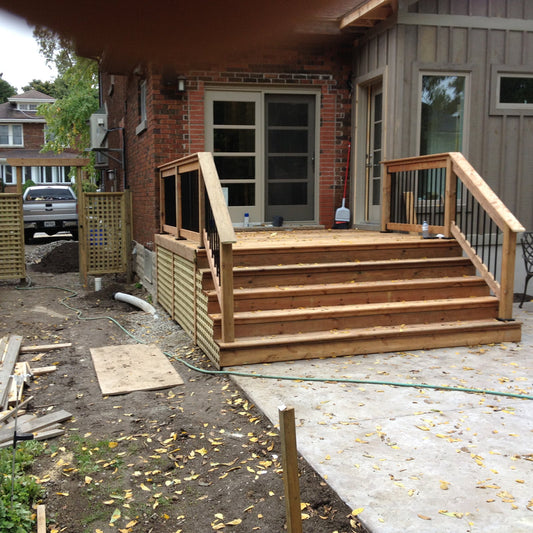 Backyard Access Wooden Stairs To Stamped Concrete Patio